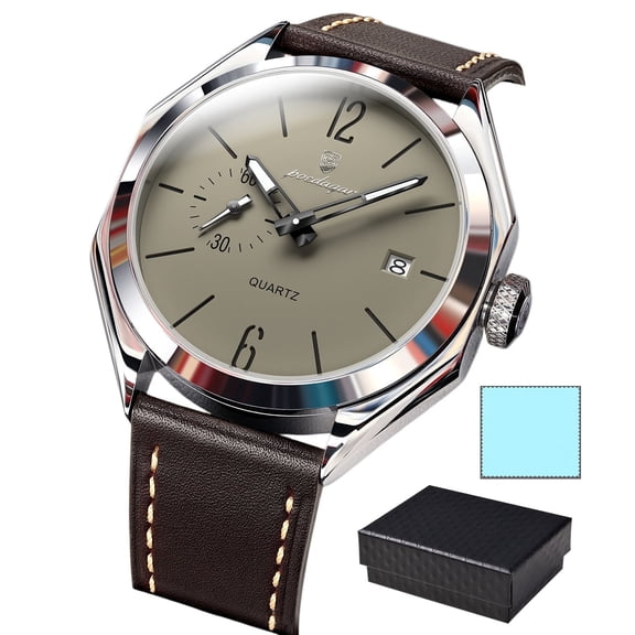 POEDAGAR Men Leather Quartz Watch Fashion Casual Luminous Date Wristwatch Water Resistant Luminous Hands Male Daily Business Clock