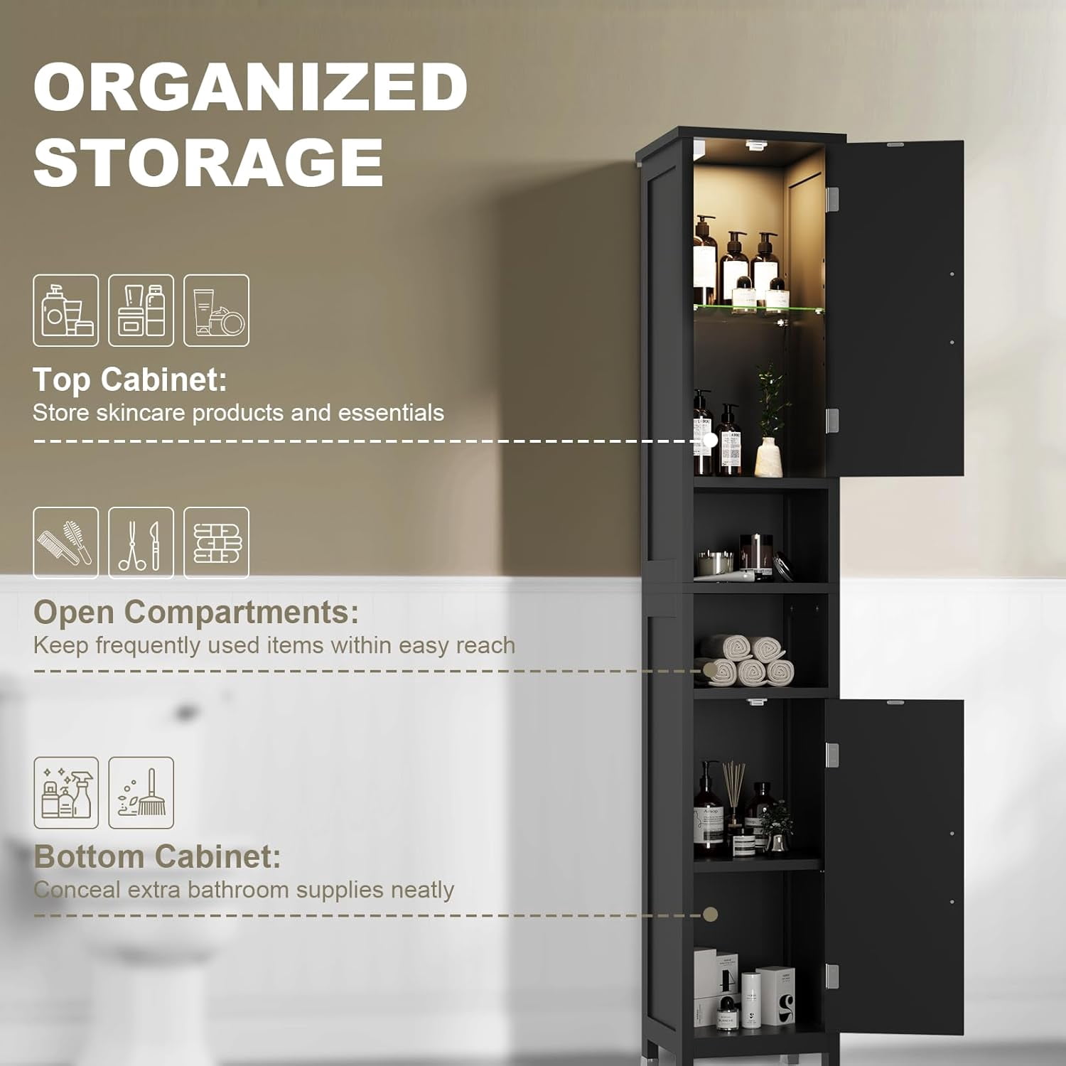 67" Tall Bathroom Storage Cabinet with Lights, Slim Narrow Bathroom Cabinet Organizer with Doors and Adjustable Shelves, Tall Cabinet for Small Space, Living Room, Kitchen, Black