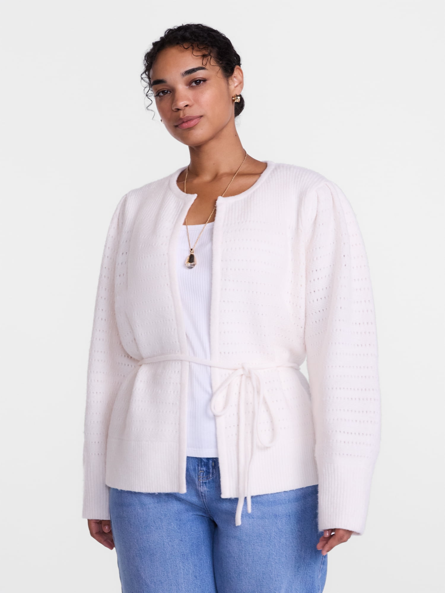 Scenario Women's and Women's Plus Open Tie Cardigan Lightweight Sweater with Long Sleeves, Sizes XS-4X