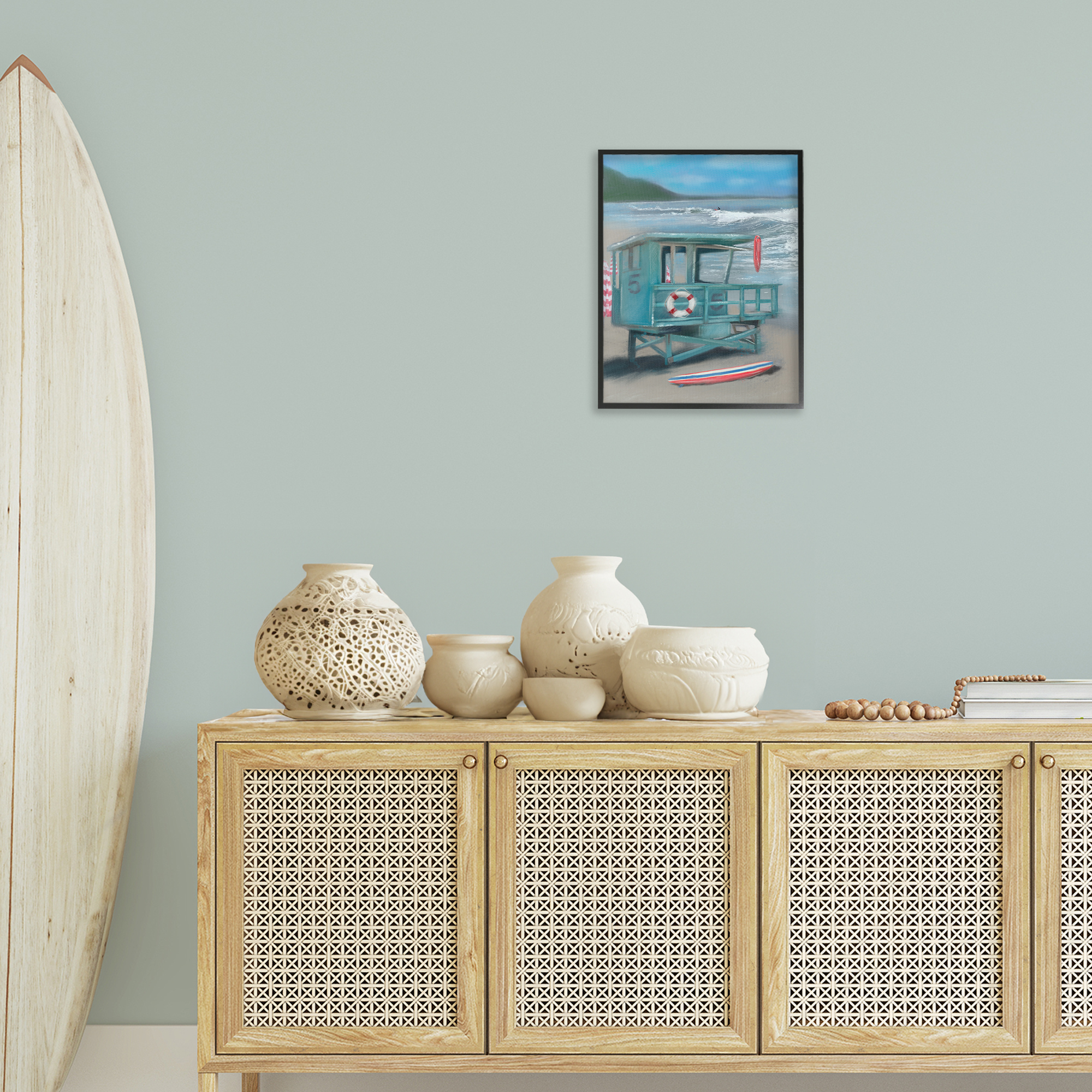 Stupell Industries Lifeguard Stand on Shore Coastal Painting Black Framed Art Print Wall Art, 16 x 20