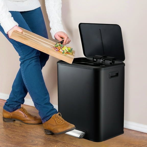 JoanKaren 8 Gallon Stainless Steel Dual Compartment Trash Can,Kitchen Garbage Can with Lids&Removable Inner Buckets,Black