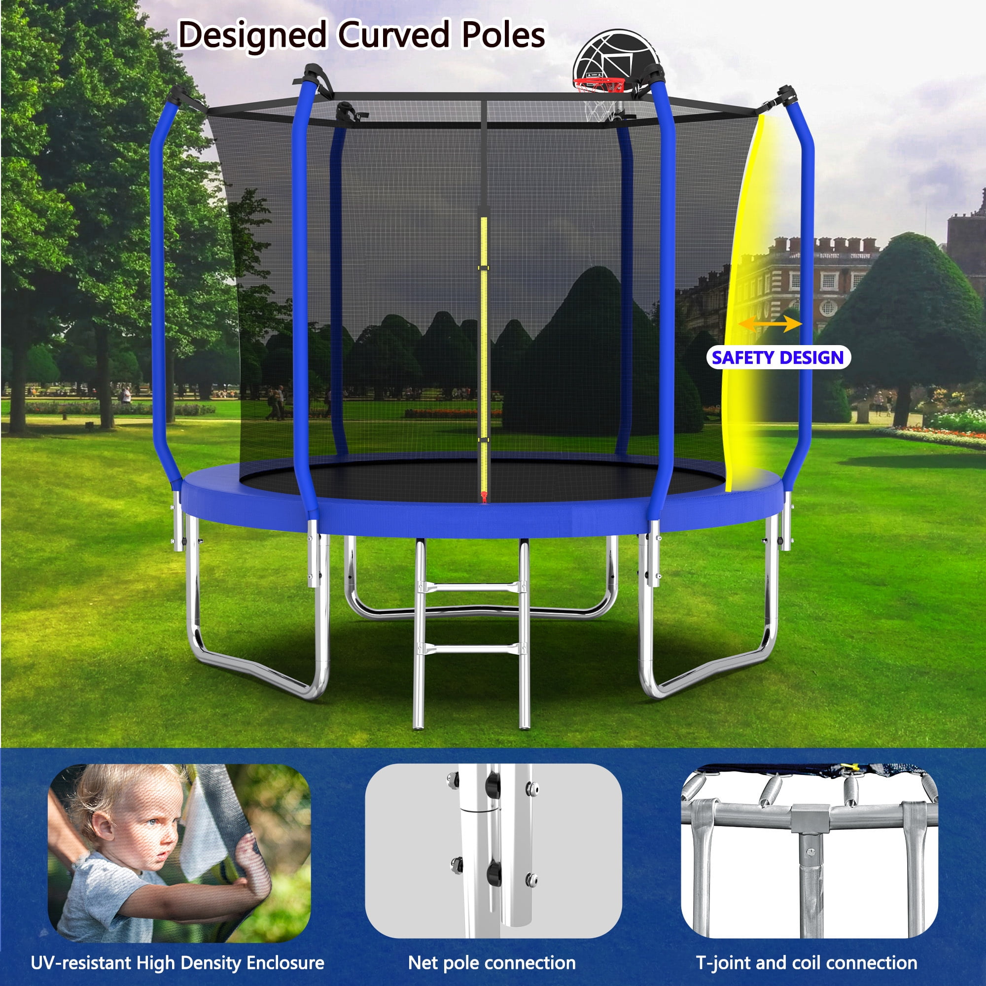 Alvantor Upgrade Kids Trampoline 8Ft Round Trampolines with Basketball Hoop & Enclosure Net, Age 3-10 Blue