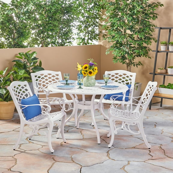 Pittman Outdoor 5 Piece Cast Aluminum Round Dining Set, White