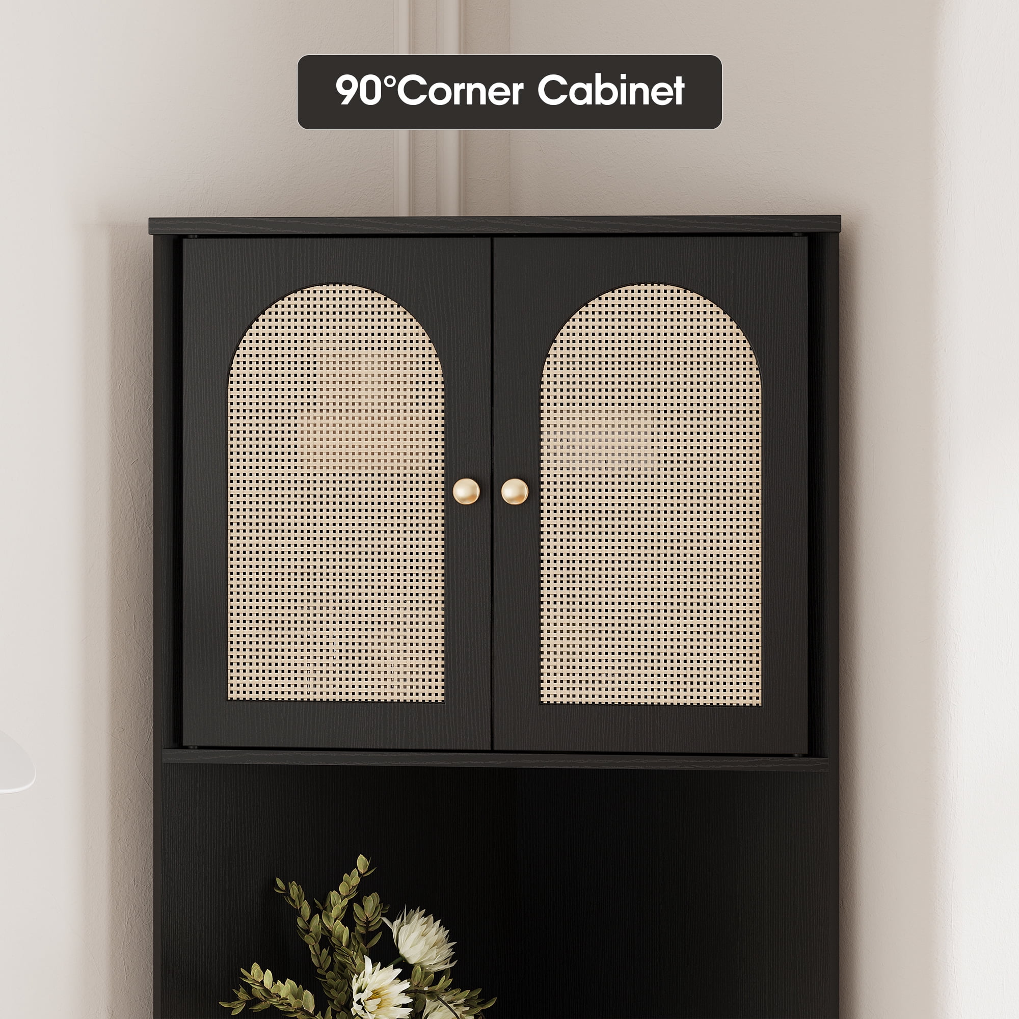 VEANERWOOD Rattan 67" Tall Corner Storage Cabinet, Corner Shelf Stand Storage Rack for Living Room, Home Office, Kitchen, Small Space,Black