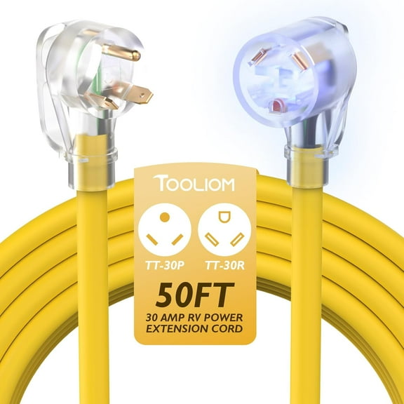 TOOLIOM 30 Amp Generator Extension Cord, NEMA TT-30P/TT-30R RV Extension Cord, 125V 3750W 10/3 AWG STW Generator Cord with LED Indicator Grip Handle for Generator RV Trailer Campers, UL Listed (50FT)
