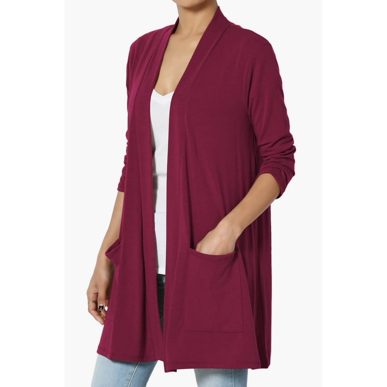 TheMogan Women s Open Front Cardigan with Pockets Casual 3 4 Sleeve Lightweight Knit Jacket Burgundy L Walmart