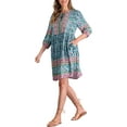 thumbnail image 4 of INSPIRE CHIC Women's Boho Floral Tie Neck 3/4 Puff Sleeve Babydoll Swing Mini Dress L Blue, 4 of 5