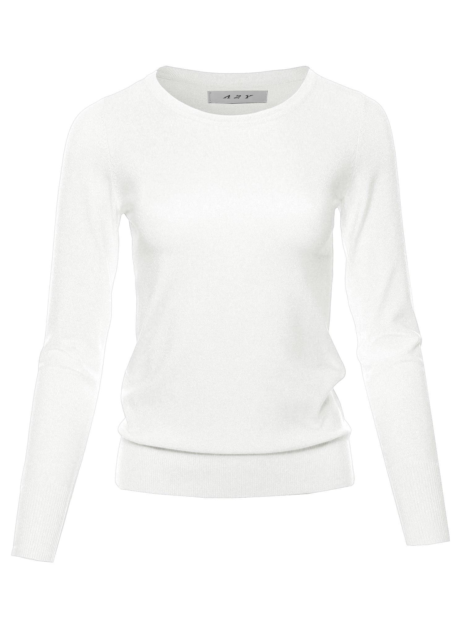 A2Y Women's Fitted Crew Neck Long Sleeve Pullover Classic Sweater White ...