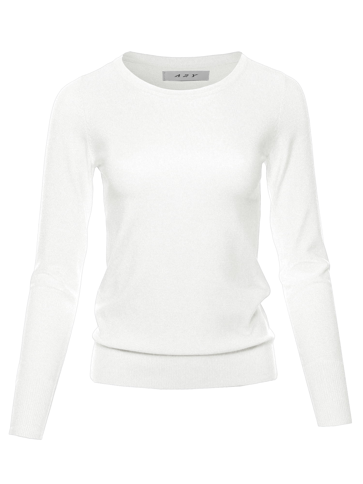 A2Y Women's Fitted Crew Neck Long Sleeve Pullover Classic Sweater White ...