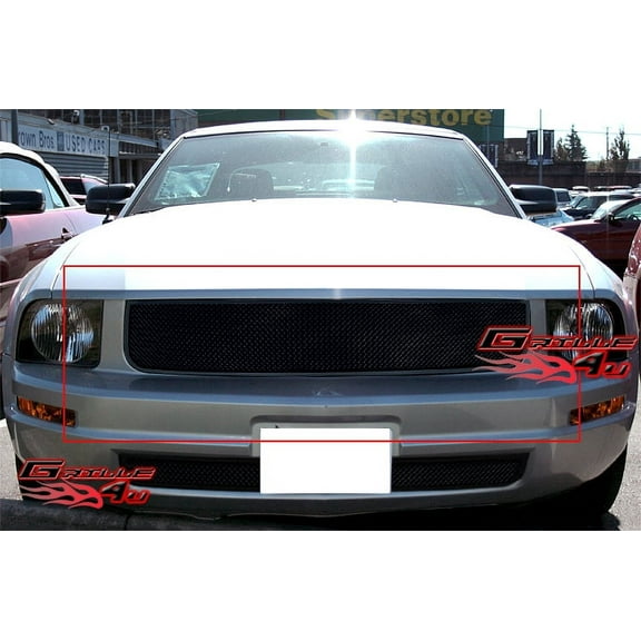 APS Compatible with Ford Mustang 2005-2009 V6 Main Upper Stainless Steel Black Mesh Front Grill Grille Insert F76012H