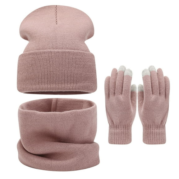 Women Winter Beanie Hat Scarf Gloves Set, Knitted Pompom Hat Warm Neck Scarf Touchscreen Gloves Winter Gift