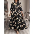 thumbnail image 3 of Black Floral Print Long Sleeve Maxi Dress With Tiered Skirt And Mock Neck For Women, 3 of 6