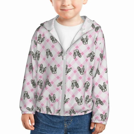 

Sun Hoodie for Kids Cute Dog Boston Terrier pink plaid Long Sleeve Swim Fishing Shirts Sun Protection Zip Up Jacket Clothing Athletic Hoodie