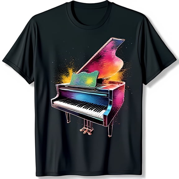 Vibrant Abstract Piano Graphic Black T-Shirt for Music Lovers