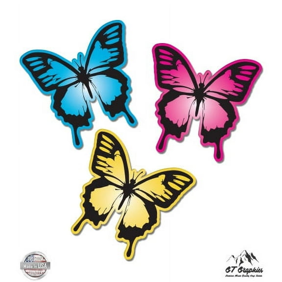 Colorful Butterflies Set of 3 Blue Yellow Pink - 2" Vinyl Sticker - For Car Laptop I-Pad Phone Helmet Hard Hat - Waterproof Decal
