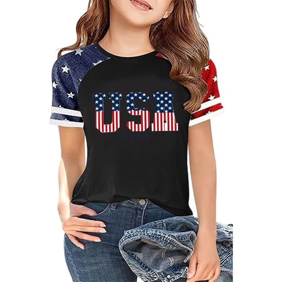 Lullu Girls 4Th of July T Shirt Short Sleeve Round Neck T-Shirt Summer Tee Top, Sizes 1-13