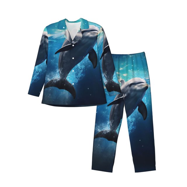 Balery Ice Blue Ocean Cute Dolphin Pijama para Hombre de Dos Piezas con Manga Larga, Conjunto de Dormir y Descanso Suave con Bolsillos-X-Large