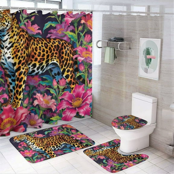Leopard Print Shower Curtain Set 4-Set Jungle Animal Theme Bathroom Decor Set Includes Floor Mat ,Toilet Cover Mat ,U-Mat ,Shower Curtain with 12 Hooks,72inx72in
