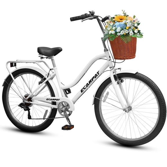 26 Inch Beach Cruiser Bike for Women, 7 Speed Commuter Bicycle with Rear Rack and Basket, Steel Frame Comfortable City Bike with Dual V-Brakes for Adults, White