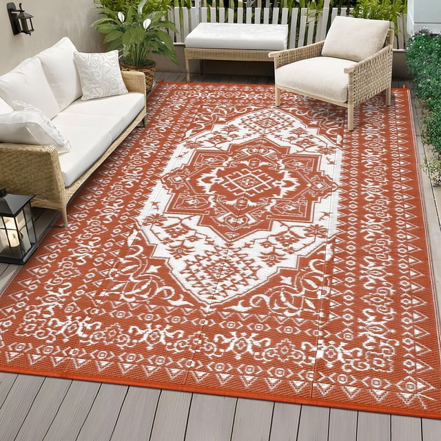 HOMERRY 8' x 10' Orange Red GeometricFloral Outdoor Rug Straw Plastic Area Rug for Balcony Pool RV Waterproof Reversible Carpet