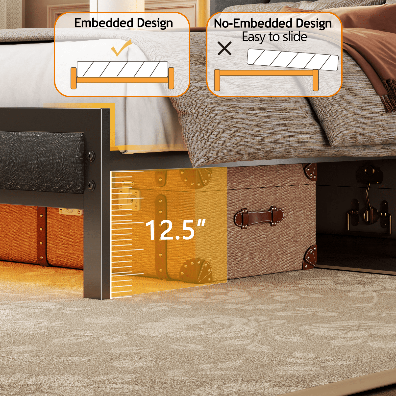 Satifur Queen Bed Frame with Upholstered Storage Headboard, Metal Platform Bed Station with Charging Station & LED, Noise-Free.No Box Spring Needed