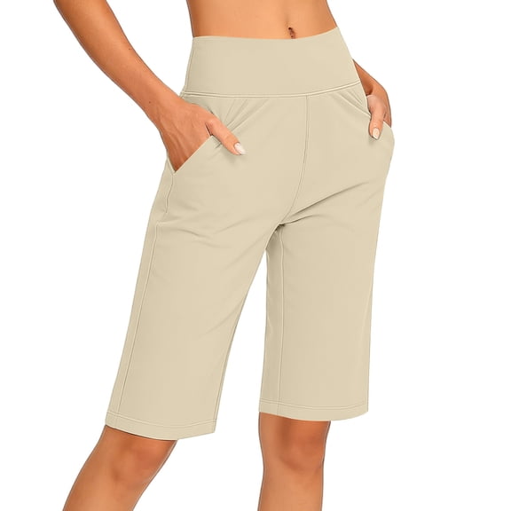 Workout Shorts Women with Liner Women's High Waist Yoga Shorts 5", Relaxed Fits Bermuda Shorts with Pockets, Soft Stretch Sports Daily Bottoms Beige XXL