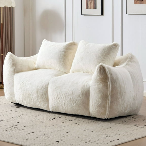 S-HOME No Assembly Required Oversized Bean Bag Sofa with Pillows 74 Inch Indoor Loveseat Reading Chair, White