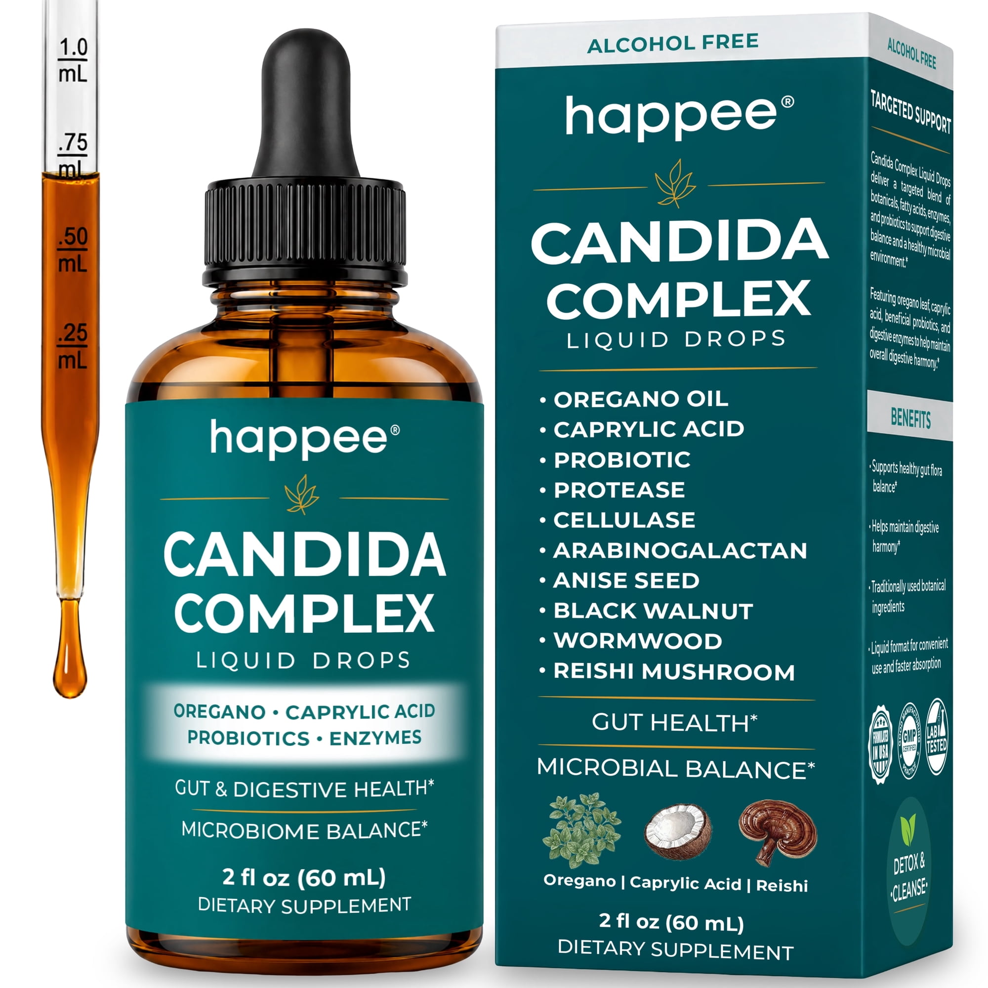 Happee Candida Cleanse Liquid Drops 10-in-1 Detox Support Women Men 2 Fl oz