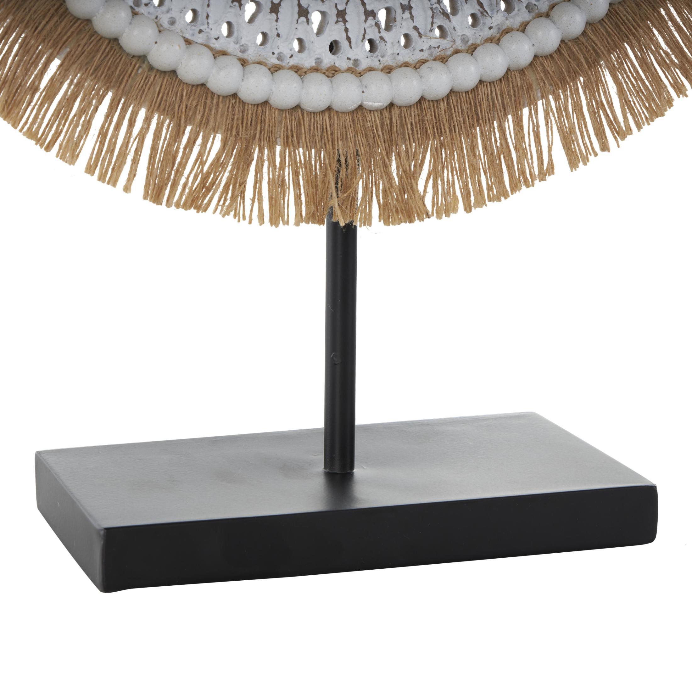 14" x 18" White Wooden Handmade Seagrass Fringed Tribal Sculpture with Black Base, by DecMode