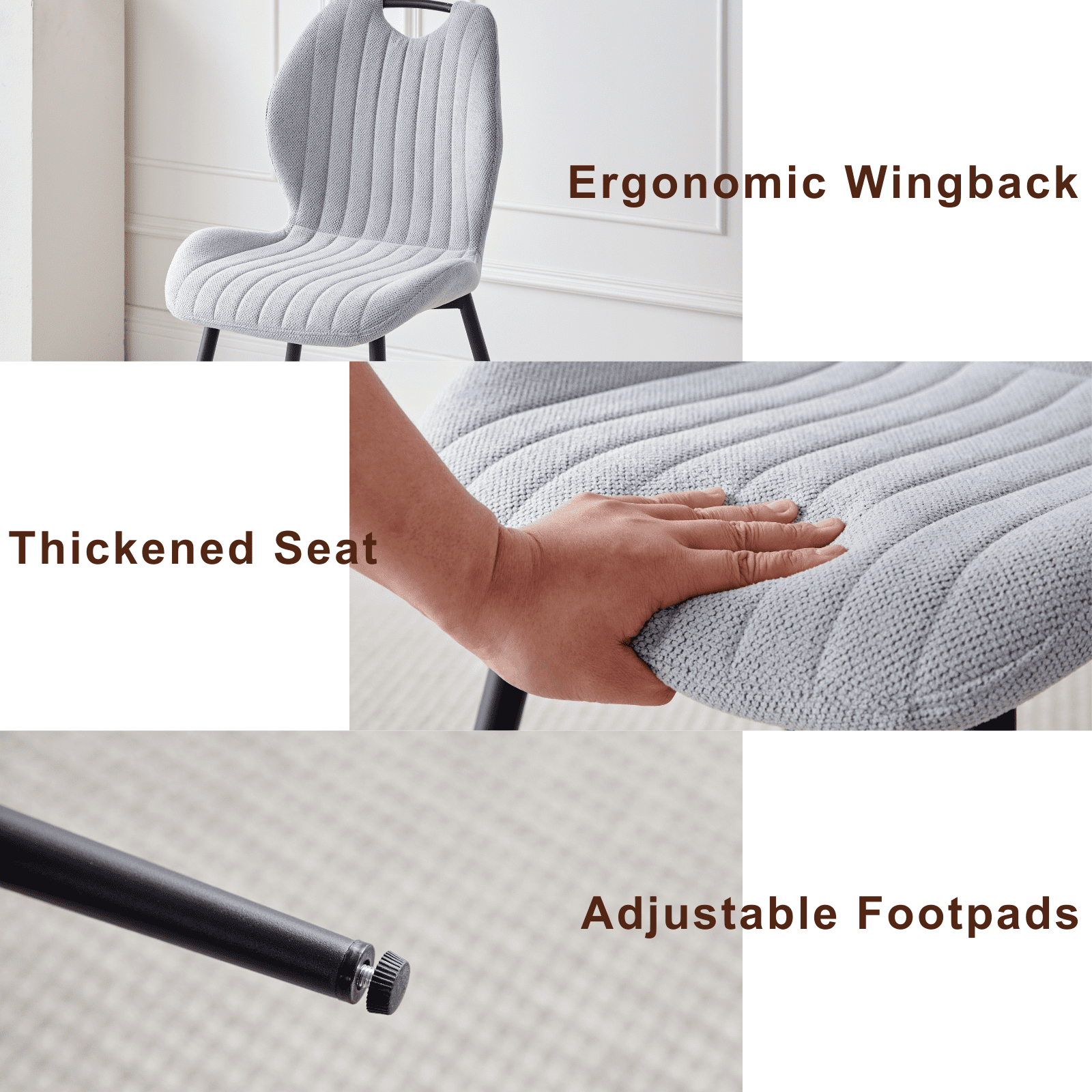 Dining Chairs Set of 4, Modern Upholstered Kitchen Chairs Scandi Living Room Fabric Wingback Side Chairs with Metal Legs, Gray