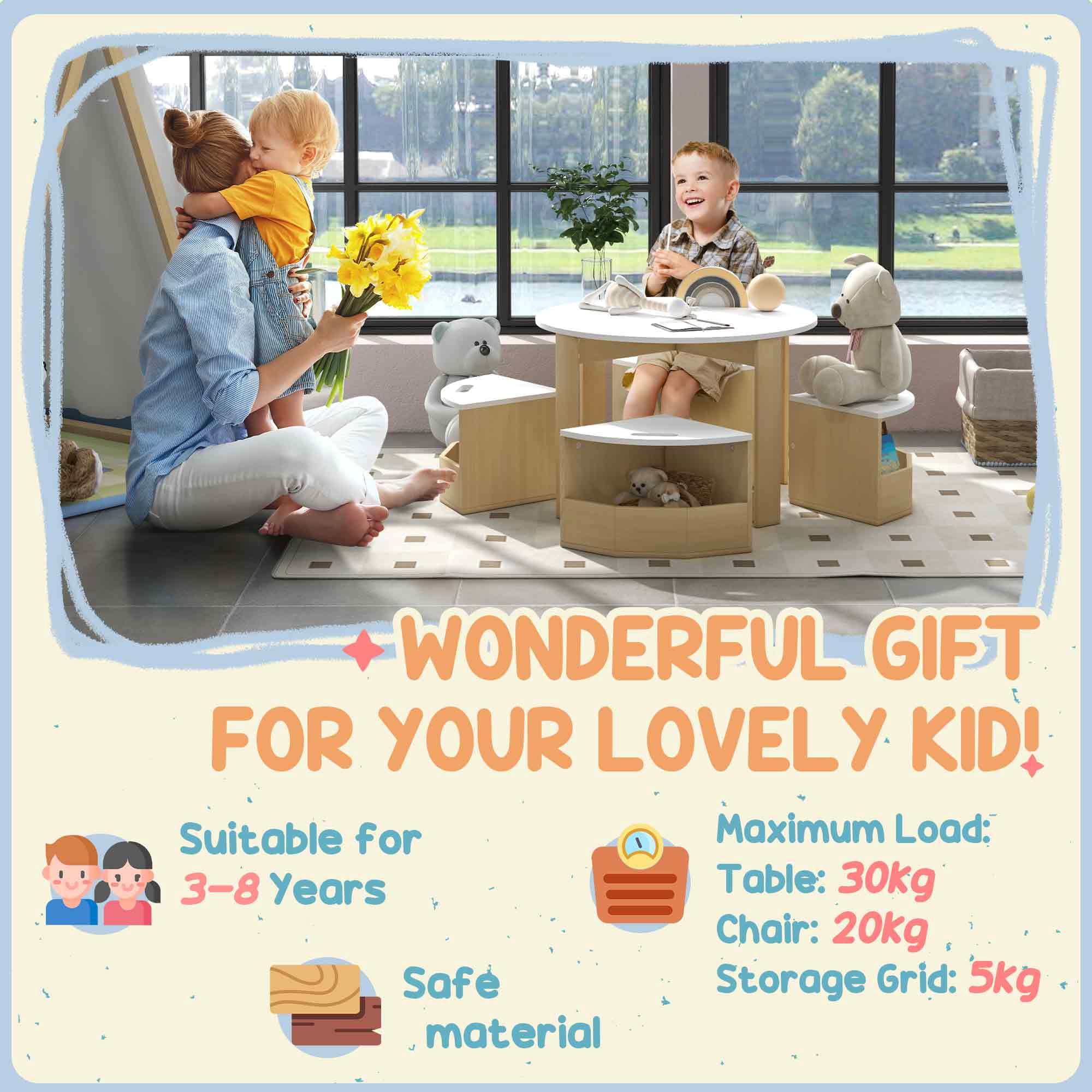Qaba 5 Piece Kids Table and Chairs Set with Storage for Activities, White