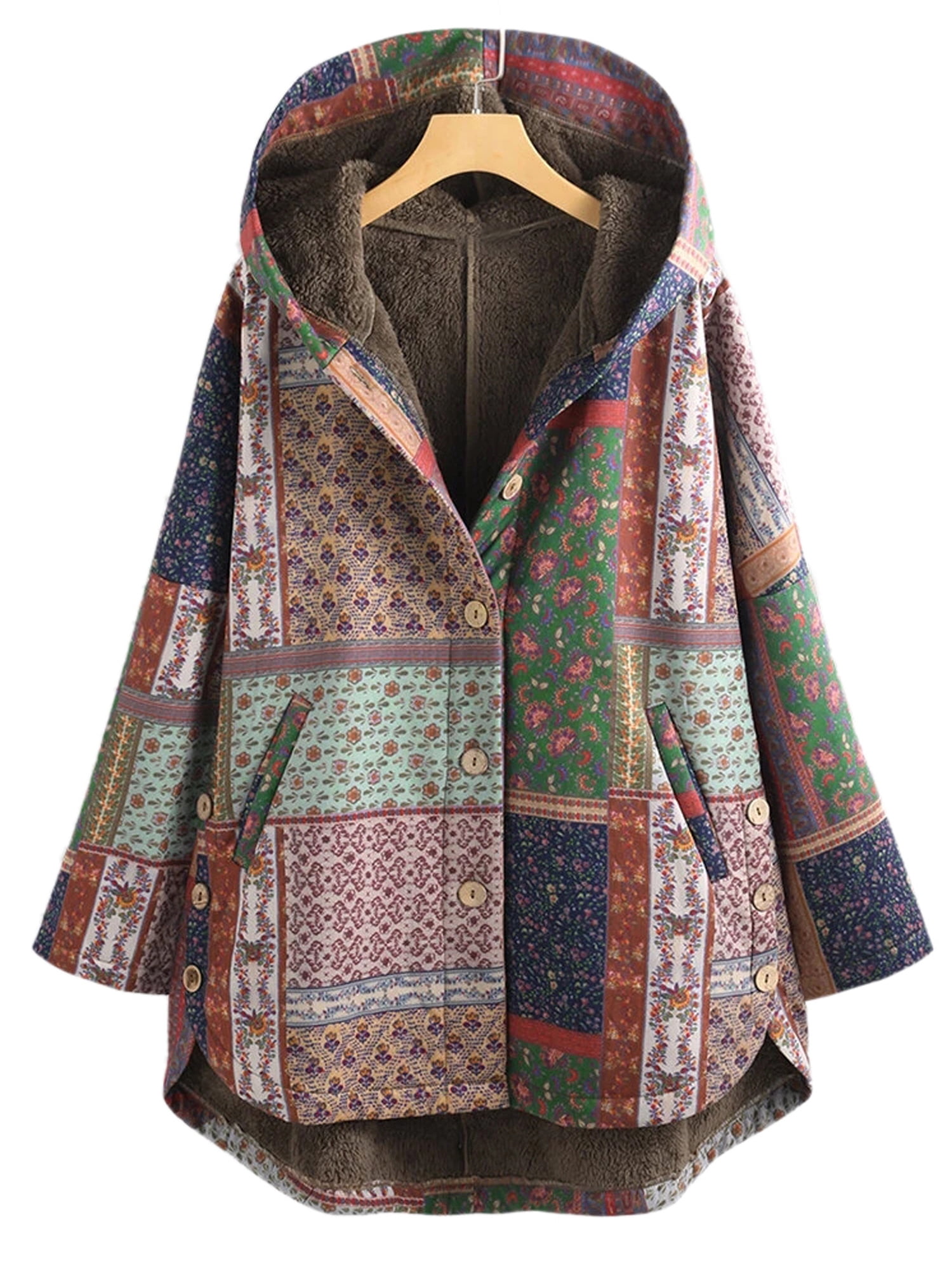 UPAIRC Womens Boho Floral Print Fleece Hooded Coat Ladies Casual Loose ...