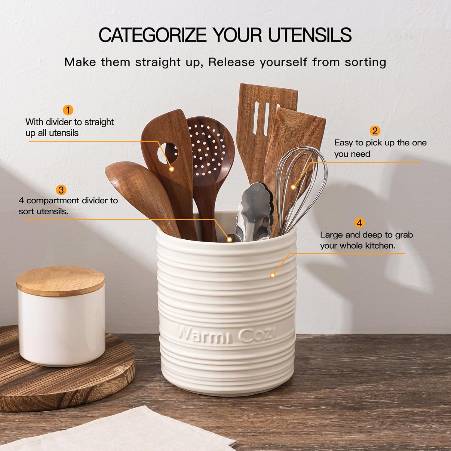 FUN ELEMENTS Utensil Holder, 7.1Inch 4 Compartment Utensil Crock,Ceramic Cooking Utensil Spoon/Spatula Holder for Countertop, Kitchen Decor and Accessories for counte(Beige)