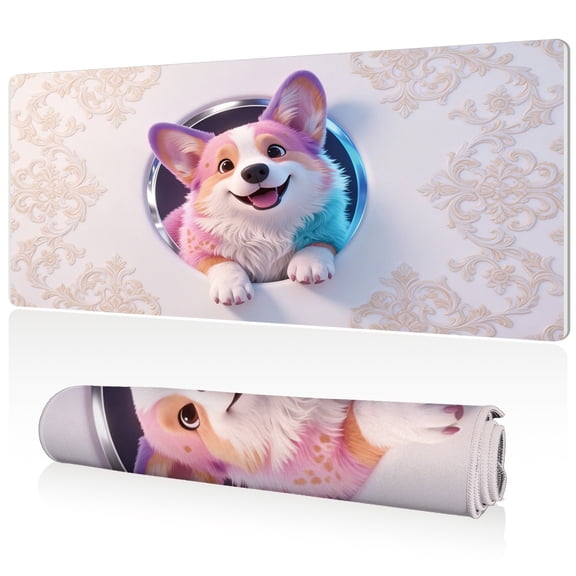 LIVEKEY Extra Large Mouse Pad Cute Corgi Peeking Through 80x40x0.3cm Full Desk Coverage Non Slip Durable Easy Clean Stitched Edges for Gaming and Office