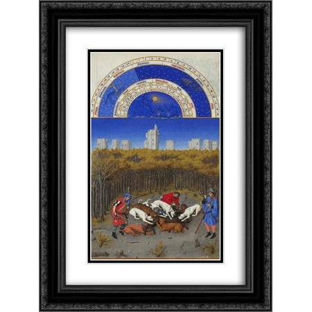Limbourg brothers 2x Matted 18x24 Black Ornate Framed Art Print 'Facsimile of December Hunting Wild