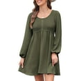 thumbnail image 3 of Women'S Casual Dresses Smocked Crewneck Button Up Long Sleeve Waist A-Line Mini Dress Green M, 3 of 8