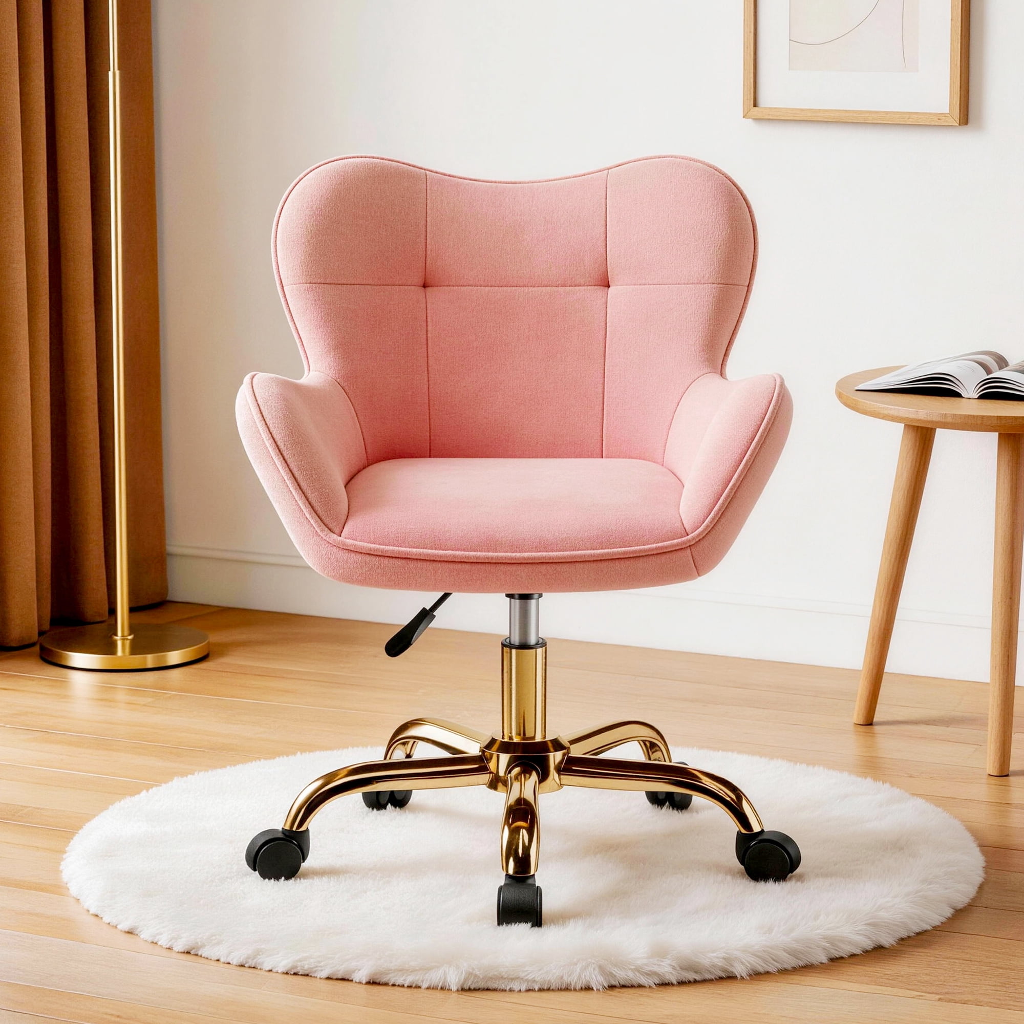 COOHUT Velvet Vanity Chair, Mackup Chair with Wheels, Comfy Swivel Modern Leisure Armchair for Girls Women, Small Office Chair Height Adjustable for Living Room, Bedroom, Offic, Pink
