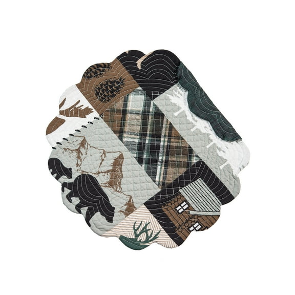 Fletcher Forest Lodge Patchwork Hatched Green Round Single Placemat For, 17"