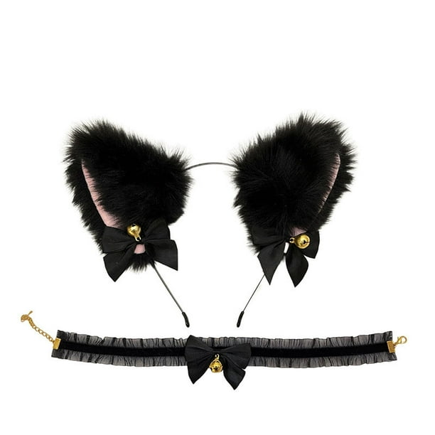 Orejas de gato negro (oreja de gato en forma de moño al vapor) Juego de 2 piezas (diadema + collar), linda oreja de gato artificial de piel de zorro Orejas de gato (oreja de gato en forma de moño al v