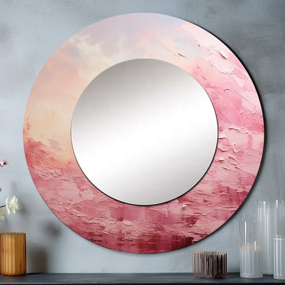 Designart "Horizon in Pink" Abstract Landscape Rund Mirror For Wall Decor - Large Pink Round Print Mirror - Round Modern Mirror 23" x 23" Inch - Wall Mounted Round Large Mirror