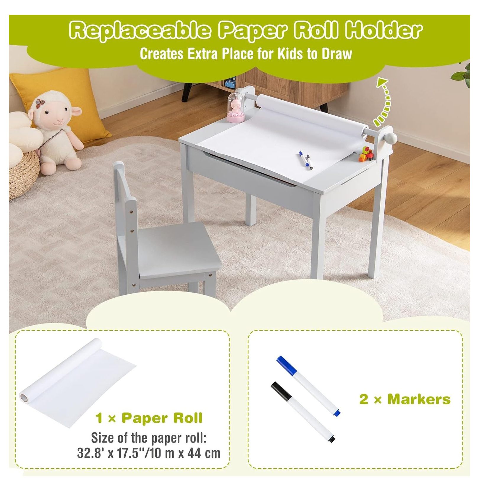 Kids Table and Chair Set, Wooden Lift-Top Desk & Chair with Storage, Paper Roll Holder & Pen Slot, Activity Table Set for Art, Children Furniture Set for Daycare, Playroom (Gray)