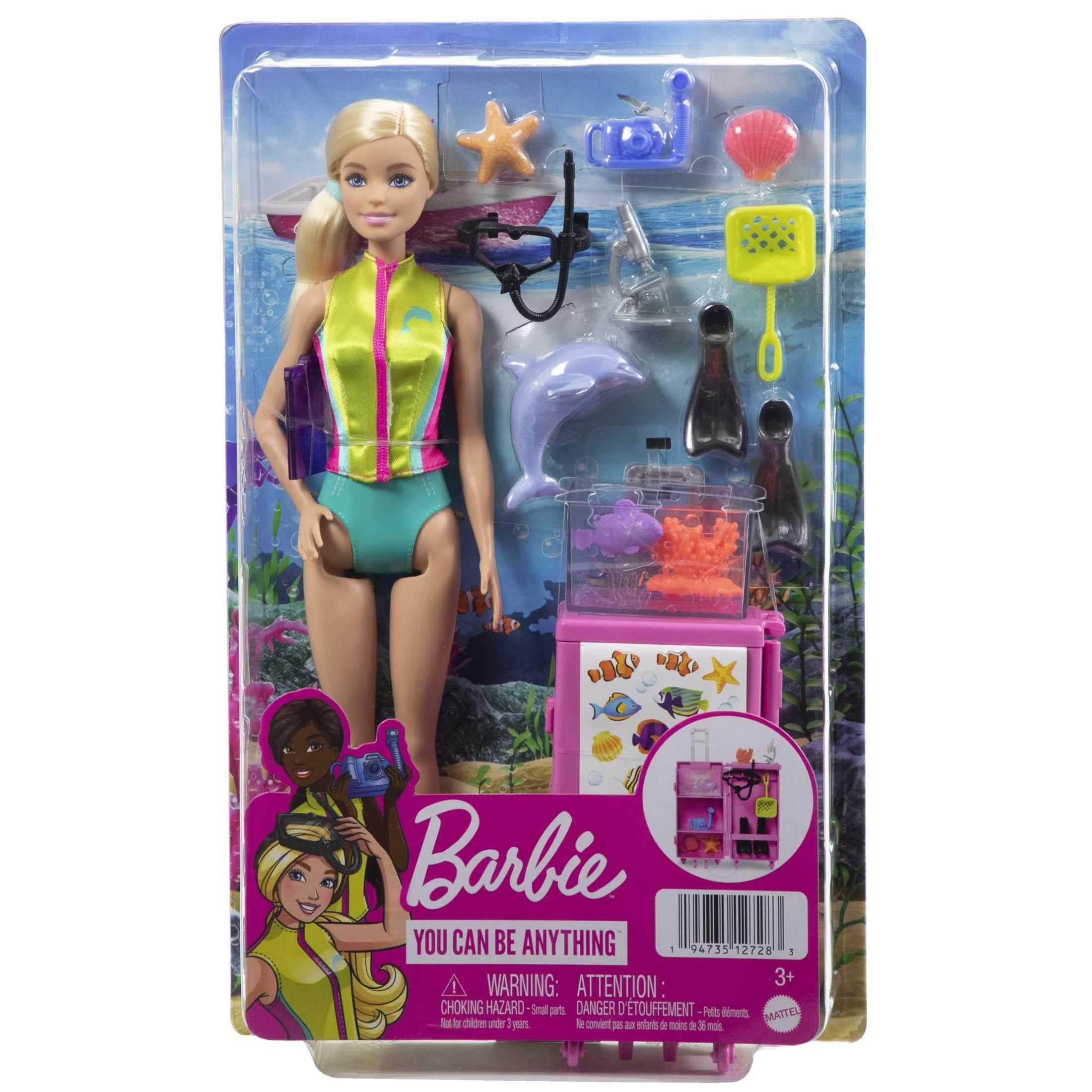 Barbie Marine Biologist Doll and Accessories, Mobile Lab Playset with Blonde Doll and 10+ Pieces