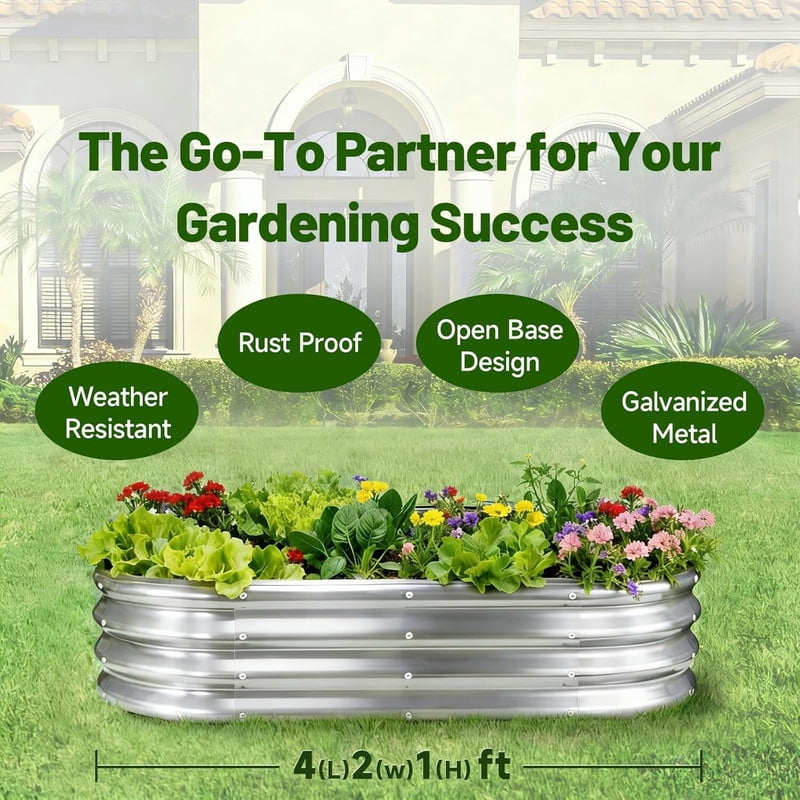 Galvanized Planter Raised Garden Bed, 4x2x1 ft Raised Garden Bed Kit for Gardening Outdoor, Oval Metal Land Planter Box for Vegetables, Flowers, Herbs, 2PCS