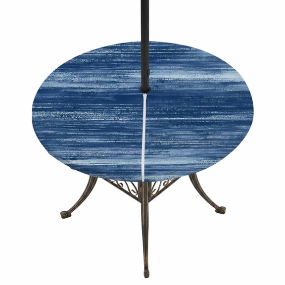 Round Outdoor Tablecloth with Umbrella Hole and Zipper, Navy Blue Tablecloth with Elastic Waterproof, Vintage Modern Abstract Art Ombre Patio Table Covers for 31" - 35" Picnic Pool Tables