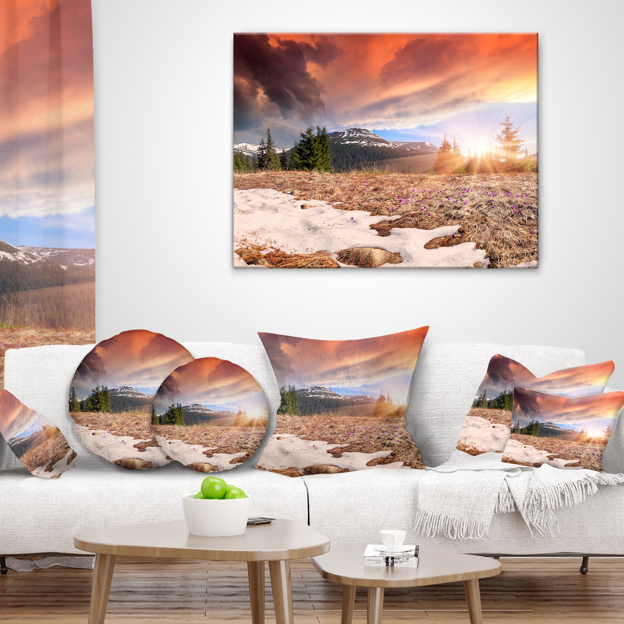 Designart Blooming Crocuses in Mountains - Landscape Photography Throw Pillow - 16x16