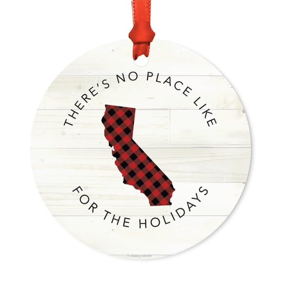 US State Round Metal Christmas Ornament, Red Plaid on Light Rustic Wood, California, Includes Ribbon and Gift Bag