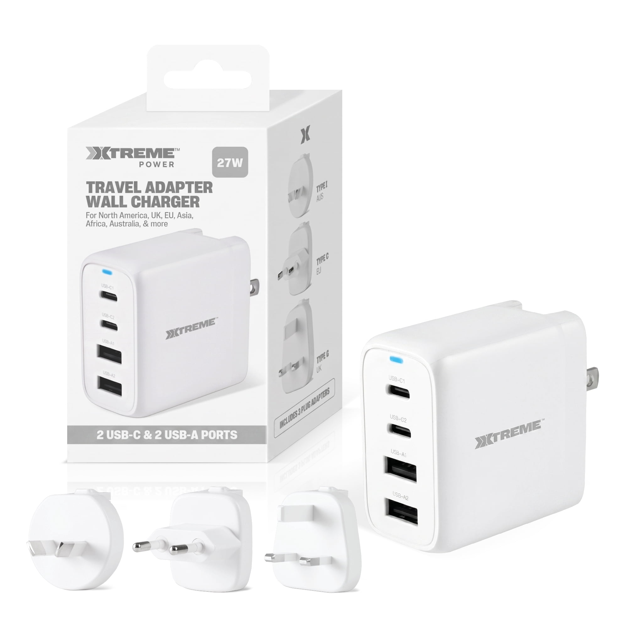 Xtreme Power 27W International Travel Adapter Wall Charger with 2 USB-C and 2 USB-A Ports, Type G, Type C and Type I Plug Adapters for United Kingdom, Europe and Australia, Charges 4 Devices, White
