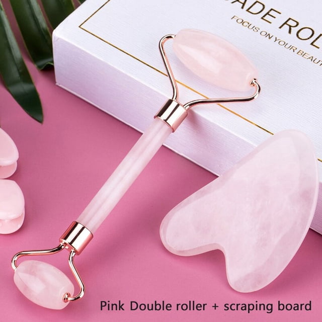 Rodillo de Jade de cuarzo rosa Natural, masajeador de cuerpo Facial, rodillo de piedra de Jade, tabla Gua sha, raspador, herramienta de masaje de belleza para Lifting Facial Gao Jinjia LED