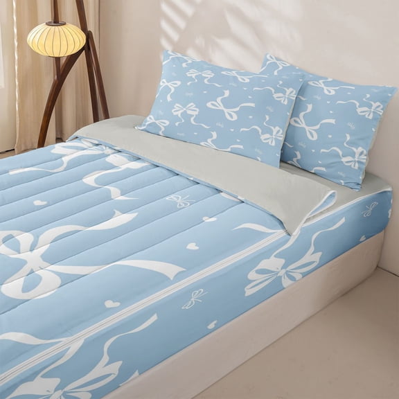 Manfei White Bow Light Blue Love Heart Zipper Twin Comforter Sets with Fitted Sheet and 2 Pillowcases for Boys Girls, Cute Ribbon Zipper Bedding Set, Gray Reversible, 4pcs