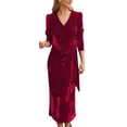 thumbnail image 1 of ZAXARRA Femmes Velours Midi Bodycon Robe Couleur Unie V-Cou Tie-Up Robe à Manches Longues Printemps Automne Soirée Robe de Soirée, 1 of 5